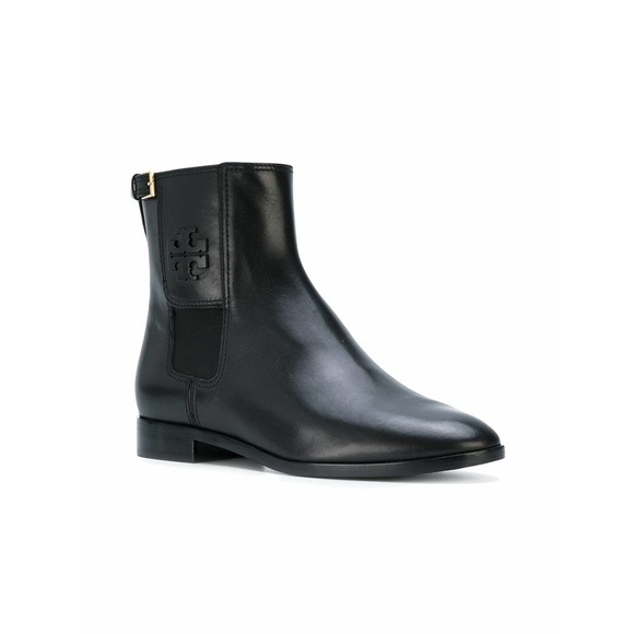 NIB TORY BURCH WYATT BLACK LEATHER BLACK REVA BUCKLE ELASTIC ANKLE BOOTS 9.5